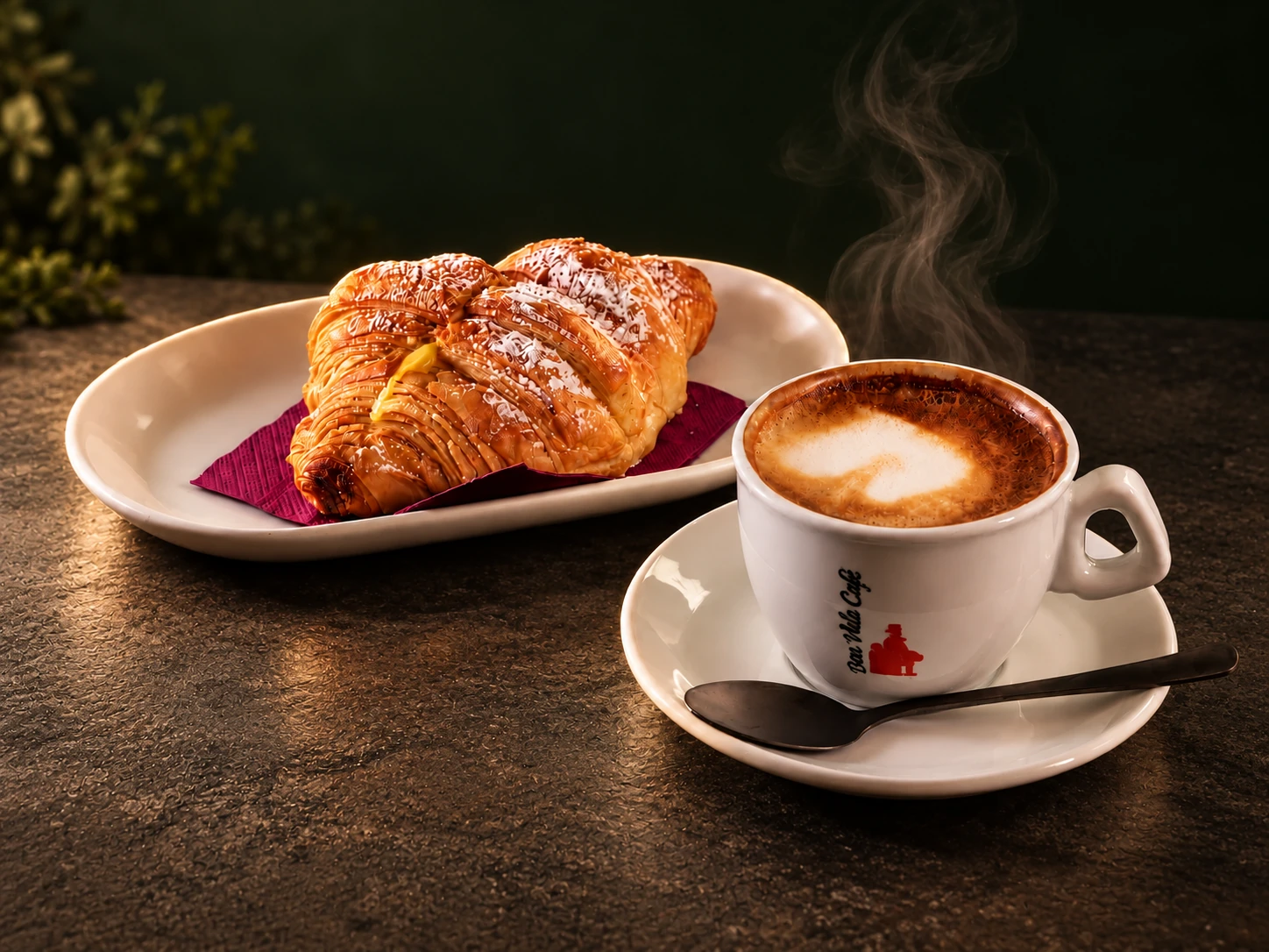 Cappuccino e brioche alla crema, su pietra e sfondo bosco