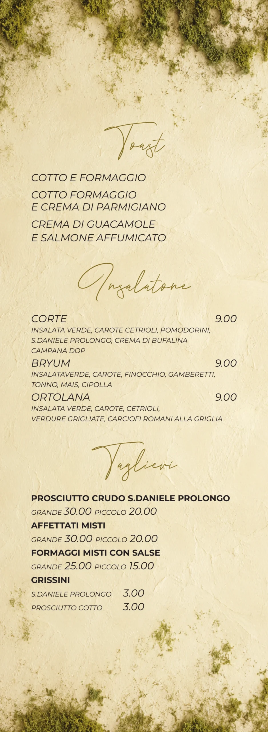 Menù BRYUM · Food e taglieri