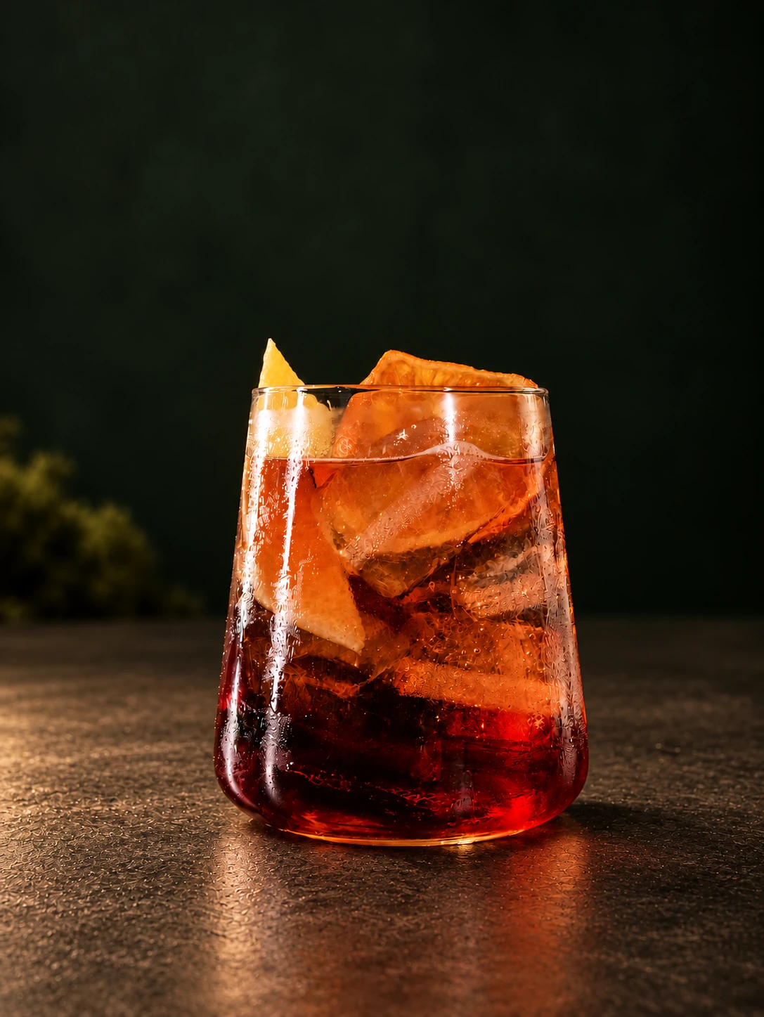 Negroni con ghiaccio e scorza di arancia, su pietra e sfondo bosco